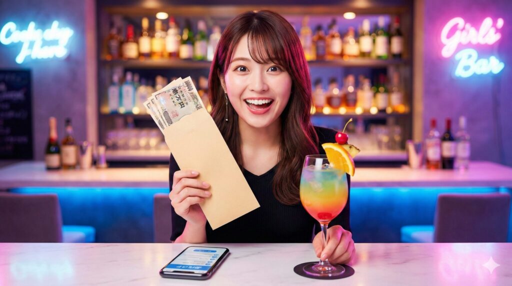 ガールズバーのカウンターで現金とカクテルを手に笑顔を見せる若い女性