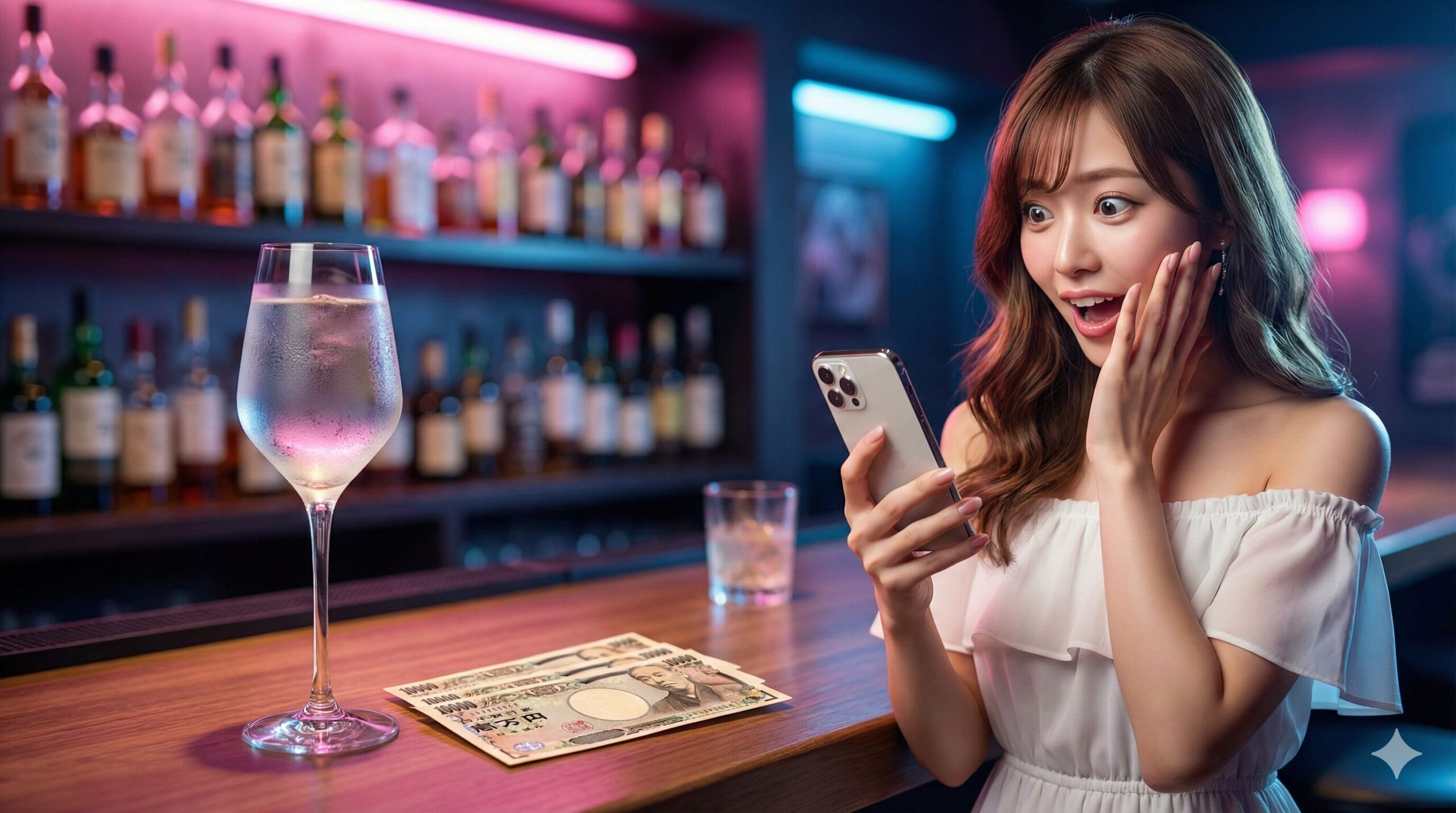 バーのカウンターで、スマートフォンを見て驚いた表情をしている若い日本人女性。手前にはカクテルグラスと1万円札が置かれ、背景はネオンで照らされた酒棚