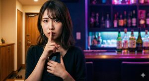 不安げな表情で口に指を当て、スマートフォンを握りしめる若い日本人女性。背景は左側が明るい玄関、右側がネオン輝くバーカウンターで、対照的な二つの世界が表現されている